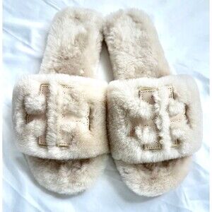Tory Burch Shearling Slippers Size 7.5 Beige Fuzzy Fur Gray Heron Gold Logo